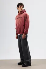 Oversize Printed Washed Hoodie Burgundy