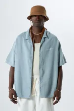 Yıkamalı Oversize Arka Baskılı Kısa Kol Cepsiz Gömlek Açık Gri