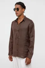100% Linen Oversize Long-Sleeve Shirt, Coffee