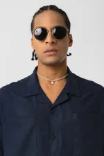 Double Pocket Oversize Linen Shirt Navy Blue