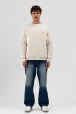 Oversize Bisiklet Yaka Baskılı Sweatshirt Taş