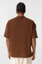 Basic Oversize Düğme Yaka Tişört Kahve