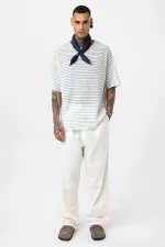 T-shirt rayé oversize en maille bleu ciel