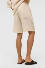 Oversize Çizgili Keten Şort Beyaz