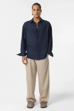 Basic Oversize Uzun Kollu Keten Gömlek Lacivert