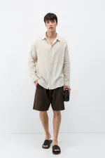 Uzun Kollu Basic Oversize Gömlek Bej