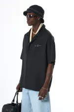 Yıkamalı Oversize Arka Baskılı Kısa Kol Cepsiz Gömlek Siyah