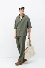 Müslin Kumaş Rahat Kalıp Keten Takım Haki