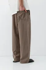 Bel Lastikli Baggy Fit Keten Pantolon Açık Kahve