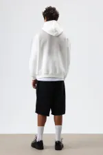 Oversize Baskılı Yıkamalı Hoodie Ekru