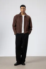 Oversize Fermuarlı Kaşe Ceket Kahve