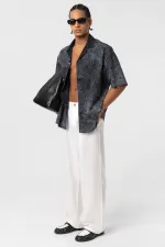 Yıkamalı Yazı Baskılı Oversize Kısa Kol Gömlek Siyah