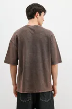 Yıkamalı Yazı Baskılı Oversize Tişört Kahve