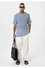 T-shirt rayé oversize en maille (bleu marine)