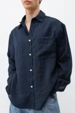 Modal Fabric Oversize Shirt with Pockets, Navy Blue