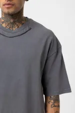 Yıkamalı Zincir Detaylı Oversize Tişört Füme