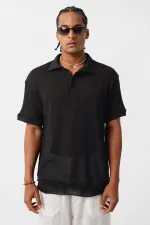 Polo Yaka Triko Oversize Tişört Siyah