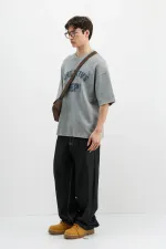 Yıkamalı Yazı Baskılı Oversize Tişört Gri