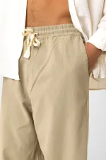 Bel Lastikli Baggy Fit Keten Pantolon Açık Haki