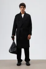 Oversize Kruvaze Kaşe Kaban Siyah