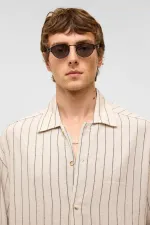 Oversize Uzun Kollu Çizgili Keten Gömlek Siyah