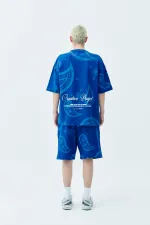 Oversize Desenli Şort Tişört Takım Saks