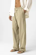 Bel Lastikli Baggy Fit Keten Pantolon Açık Haki