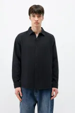 Dokulu Pamuklu Oversize Gömlek Siyah