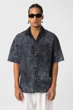 Yıkamalı Yazı Baskılı Oversize Kısa Kol Gömlek Siyah