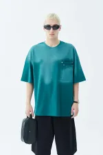 Yıkamalı Cep Detaylı Oversize Tişört Petrol