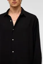 Oversize Uzun Kollu Keten Gömlek Siyah