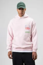 Oversize Washed Print Hooded Sweatshirt Pink