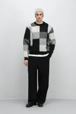 Pull oversize à carreaux en maille, noir