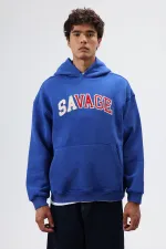 Oversize Baskılı Kapüşonlu Sweatshirt Saks