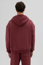 Basic Fermuarlı Oversize Kapüşonlu Sweatshirt Bordo