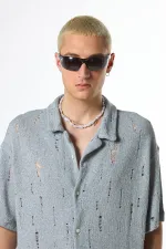 Oversize Deliklı Triko Gömlek Gri