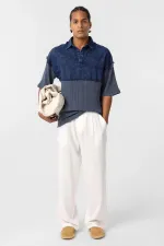 Yıkamalı Oversize Polo Yaka Tişört İndigo