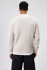 V Yaka Düğmeli Örgü Hırka Kazak Açık Taş