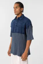 Yıkamalı Oversize Polo Yaka Tişört İndigo