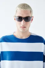 Dijital Baskılı Şeritli %100 Pamuk Oversize Tişört Saks