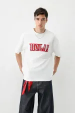 Yıkamalı Baskılı Oversize Tişört Ekru