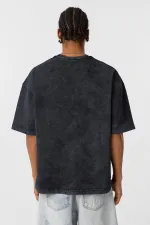 Yıkamalı Oversize Baskılı Tişört Siyah