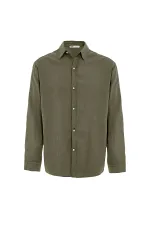 Basic Oversize Uzun Kollu Keten Gömlek Haki