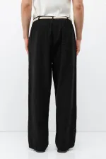 Kemer Detaylı Oversize Keten Pantolon Siyah