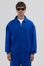 Oversize Fermuarlı Dik Yaka Sweatshirt Saks