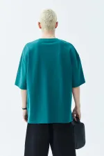 Yıkamalı Cep Detaylı Oversize Tişört Petrol