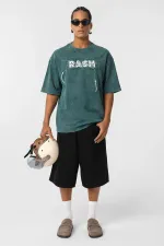 Yıkamalı Oversize Baskılı Tişört Petrol