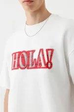 Yıkamalı Baskılı Oversize Tişört Ekru