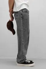 Dikiş Detaylı Relaxed Fit Jean Gri