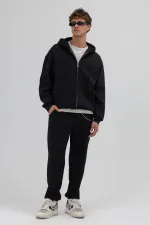 Basic Fermuarlı Oversize Kapüşonlu Sweatshirt Siyah
